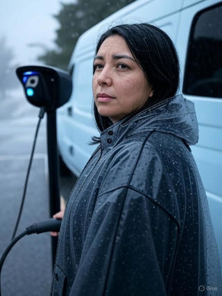Woman in a mac charging a van in the rain