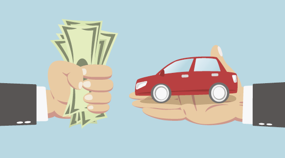 A cash and a car in cartoon hands