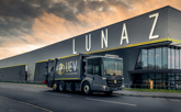 Lunaz upcycled refuse truck outside new factory