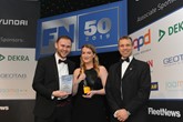 Alphabet’s James Duff-Green, mobility services development manager and Georgie Smith, rental first contact executive collecting the award on behalf of the AlphaRent team from Stephen Briers, editor-in-chief of Fleet News