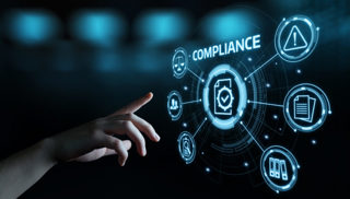 Image of a hand pointing to floating blue icons under the word compliance