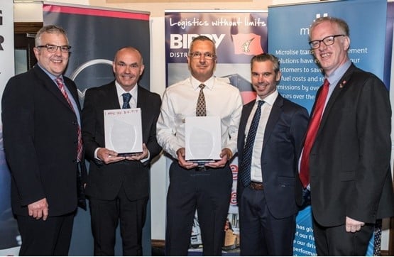 L -R: Steve Kelsall of MAN, Stephen Hill, Nigel Hargreaves, Neil Waters of MAN and Andrew Mawson, Bibby Distribution’s head of Safety, Health, Environment and Quality.