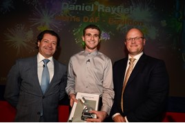 (left-to-right) Gary Carpenter, managing director at Harris DAF and chairman of the DAF Dealer Service Panel, Daniel Rayfield of Harris DAF and apprentice of the year 2019, Laurence Drake, managing director, DAF Trucks