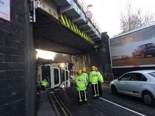 bridge strike, truck hits low bridge, truck bridge crash, Network Rail bridge strike.