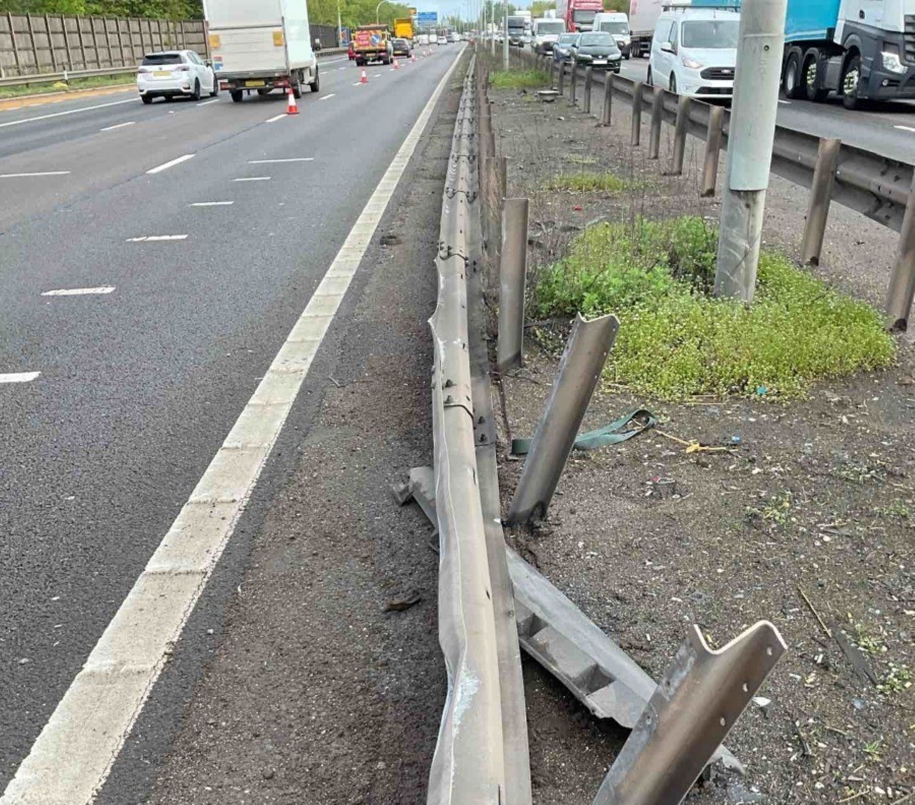 Damaged safety barrier on the M6